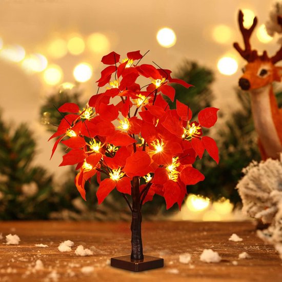 LED Lichtboom met Rode Poinsettia Bladeren - Warme Witte Ver