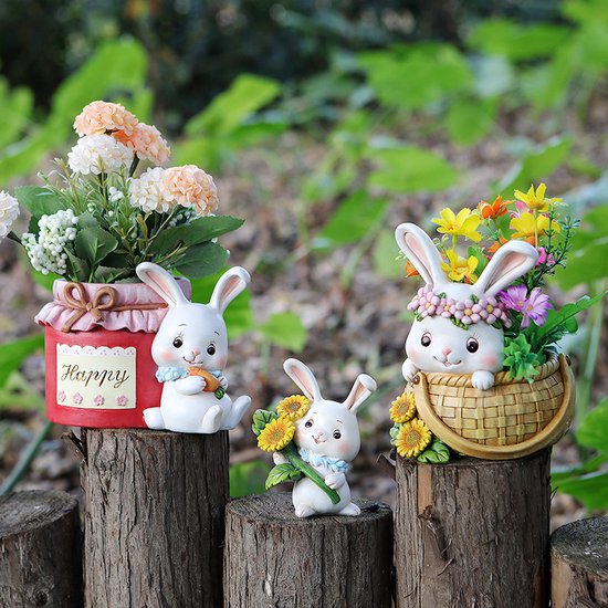 3delige Schattig konijn ornament voor tuin, balkon en binnenruimtes - kan worden gebruikt als bloempot - gemaakt van hoogwaardig hars