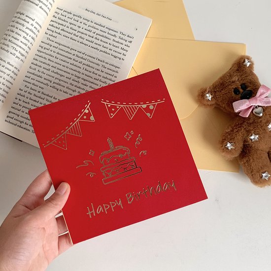 3D Pop-up Verjaardagskaart met Taartontwerp- Feestelijke Decoraties en Opnamefunctie-14.4x14.4cm