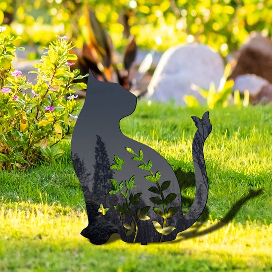 Metalen tuinsteker-Kat met Vlinder Silhouet-Sierlijke tuindecoratie-20x31cm