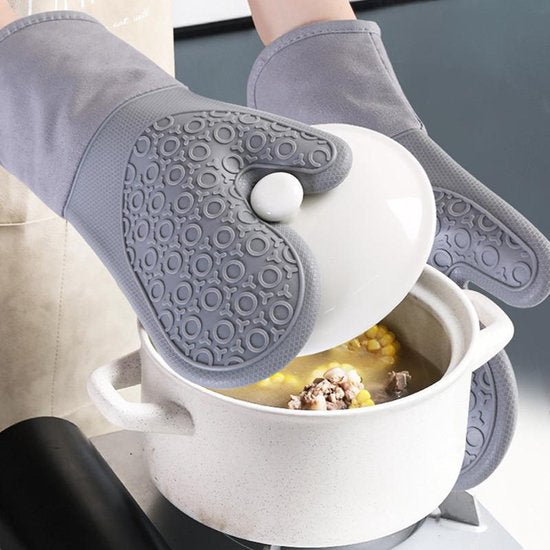 TDR-Extra lange warmte-isolerende siliconen handschoenen voor bakken en koken-compleet set  7-delige - grijs