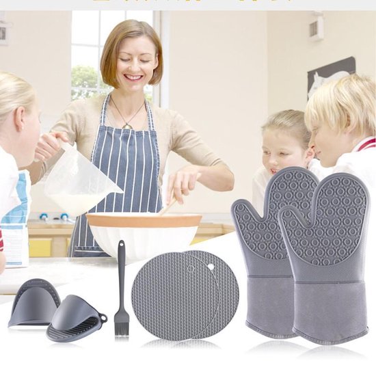 TDR-Extra lange warmte-isolerende siliconen handschoenen voor bakken en koken-compleet set  7-delige - grijs