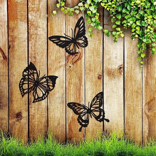 Metalen vlinder wanddecoratie 3-pack zwart 3D binnen/buiten