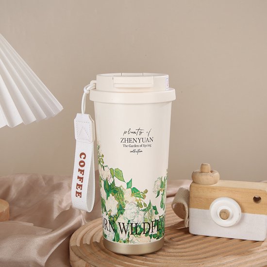 Thermos Mok met Bloemprint – 500ml – Roze – Dubbelwandig – Lekvrij – Met Draagriem – Ideaal voor Camping & Reizen