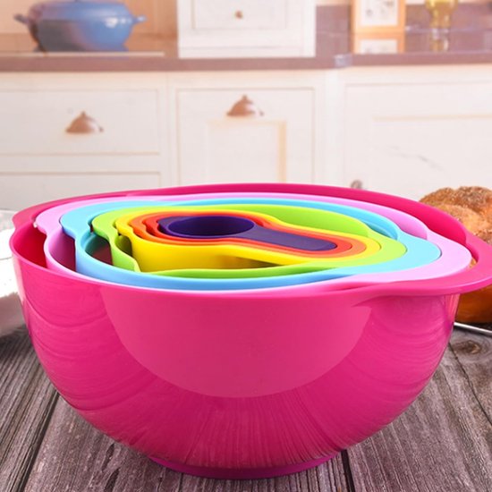 8-delige-Multifunctionele groentewasmand poederzeef -Afdruipmand-Meng en Maatkommen-stapelbaar-Beslagkommen