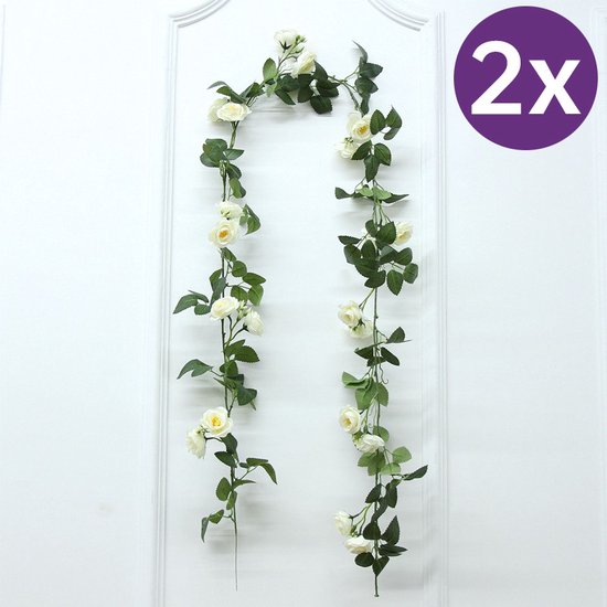 2 Stuks Rozen Slinger - Kunstbloemen slinger - Balkon decoratie - Zomerbloem- 145cm - Klimroos cream & Wit- Bruiloft Decoratie – Trouwen -Trouwdag bloemen