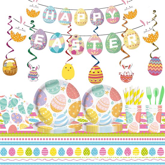 81-delige Kleurrijke Feestdecoratieset Pasen met Tafelkleed