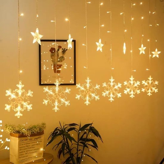 LED Sterren- en Sneeuwvloklichtgordijn - 3,5 Meter - Warme Kerstverlichting voor Binnen & Buiten - Betoverende Kerstdecoratie - 8 Verlichtingsmodi - Warm Wit