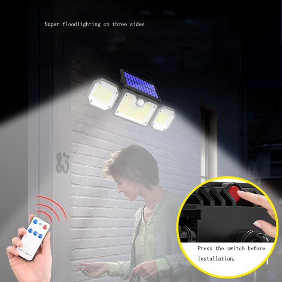 Solar Wandlamp met Bewegingssensor en Afstandsbediening - Op Zonne-energie - 226 LED's - Waterdicht - Tuinverlichting - 3 Verstelbare Lampen