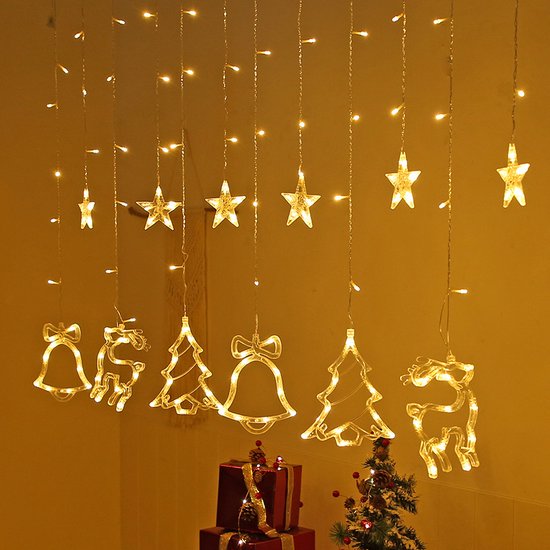 LED Lichtgordijn met Charmante Kerstboom en Belvormige Decoraties- voor een Warme en Feestelijke Leefruimte, 138 Warme LED's