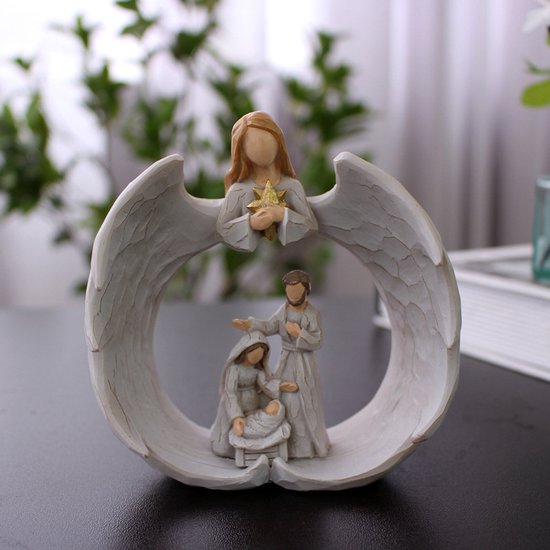Merkloos Hars Beeld: Heilige Familie & Engel, 10*4.2*10.3 cm