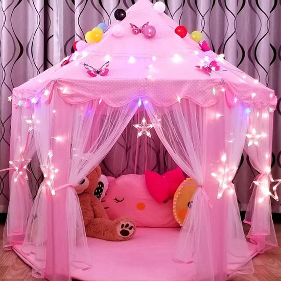 Kinder Speeltent met Sterretjes Verlichting- Kasteel Design -Princess Castle Game Tent- Binnen en Buiten - Roze - 140x70x135CM