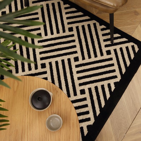 Antislip Deurmat - Geometrisch Patroon met Diagonale Lijnen - Absorberend en Wasbaar - Ideaal voor Binnen 60X90CM-zwart