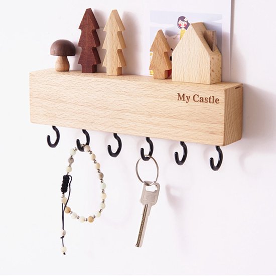 houten Sleutelkastje met zwarte haakjes-decoratieve sleutelrek-6 haakjes