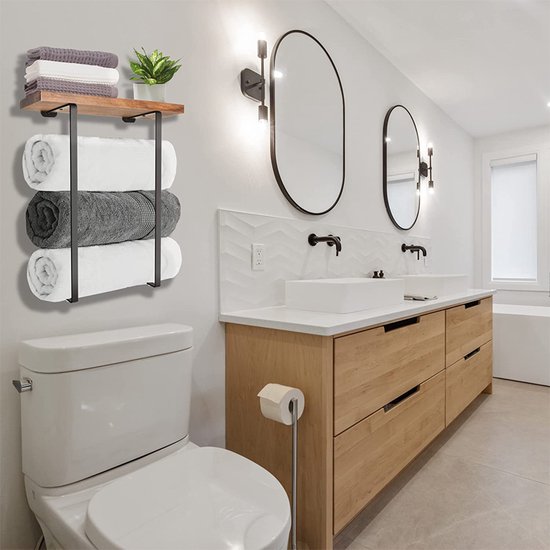 Handdoekrek met Houten Plank - Zwart, Stijlvol & Functioneel