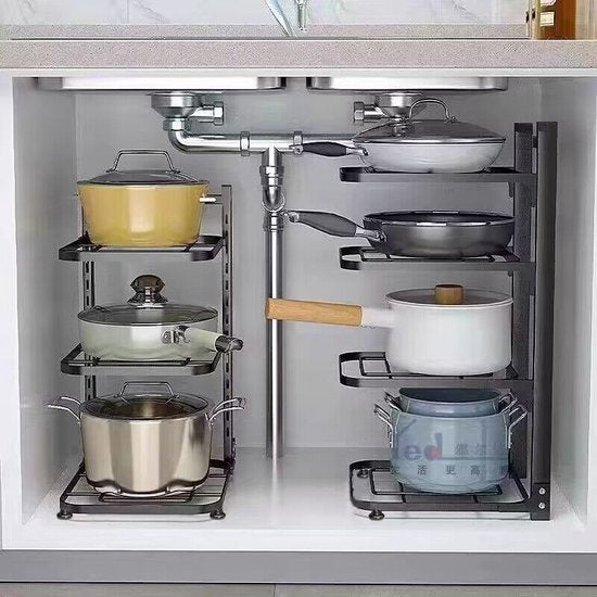 4 Lagen Verstelbaar Pannenrek van Premium Koolstofstaal - Ruimtebesparend, Multifunctioneel & Stevig - Perfect voor Potten, Pannen & Keukengerei-zwart