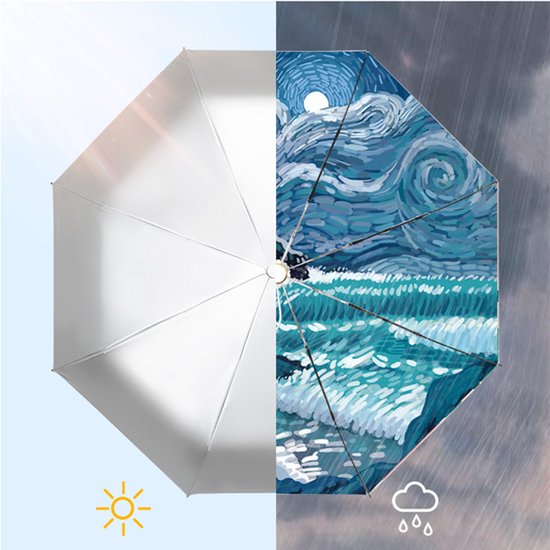 Opvouwbaar paraplu - Zonbescherming Anti-Uv UPF50 + -Windproof- Stevig paraplu - Automatisch -Van Gogh Ster zee print -zilver