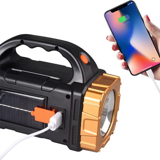Multifunctionele LED zaklamp met Rood en Blauw Waarschuwingslicht- Perfect voor Outdoor, Kamperen, Wandelen - 1500mAh, 100m Bereik, Solar & USB Oplaadbaar-goud