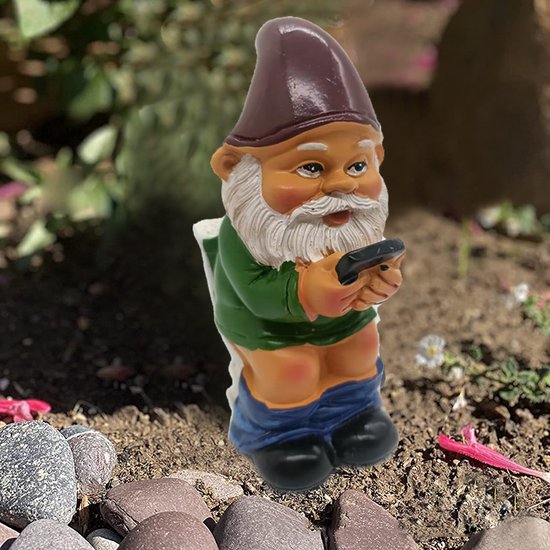Grappige Kabouter Tuinornamenten-Kabouter op het Toilet met Mobiele Telefoon 5*7*12,5cm