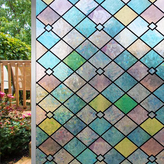 Milieuvriendelijke PVC Glasfolie - Kleurrijk Ruitjespatroon -Zelfklevend- Privacy en UV Bescherming - 90x200 cm