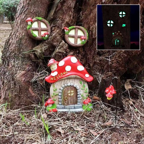 4 delige spookachtige paddestoelhuis set- tuindecoratie-met Lichtgevende ontwerp