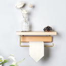 Luxe Zelfklevende Toiletrolhouder met telefoonplankje- Hout & Messing - Geen Boren Nodig-28x10x10cm-goud