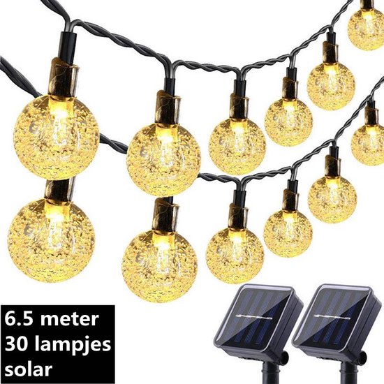 Zonne-Energie - Echt Glas Lijkende Kristallen Bolvormige Lampjes - grotere bal met een diameter van 24 mm - 6,5 Meter lang - 30 Lichtpunten - Warm Wit licht