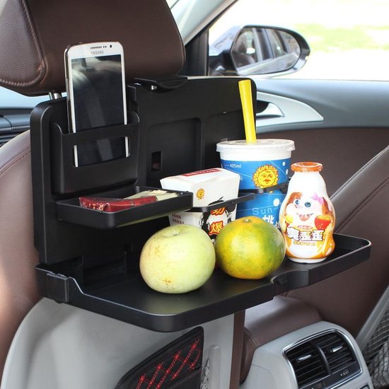 Universele auto eettafel voor de achterbank, veelzijdig inklapbaar, met beker- en flessenhouder, organizer voor mobiele telefoon voor in de auto - zwart
