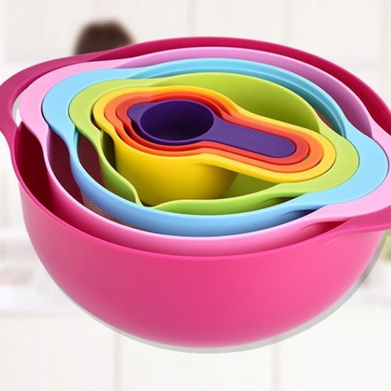8-delige-Multifunctionele groentewasmand poederzeef -Afdruipmand-Meng en Maatkommen-stapelbaar-Beslagkommen