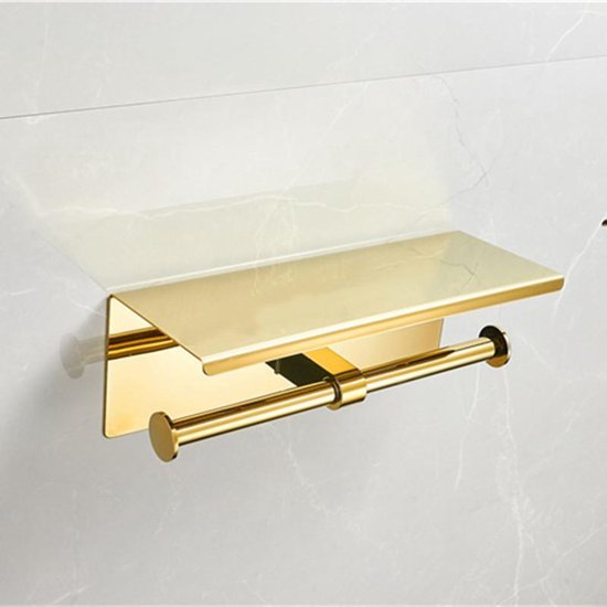 TDR - Dubbele toiletrol houder - RVS - met geïntegreerd goudkleurig plankje / planchet