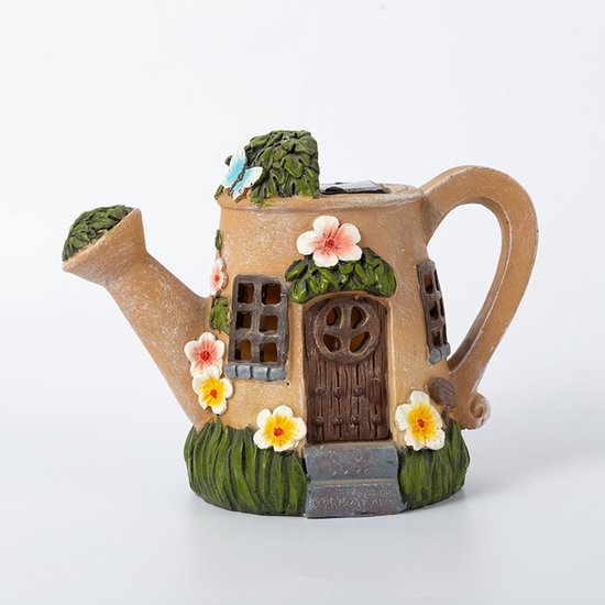 Tuinbeeld Gieter Huisje – Solar, Kunststof, 21,5x17x13cm – Sprookjesachtig Decoratief Tuinornament – Bruin & Groen