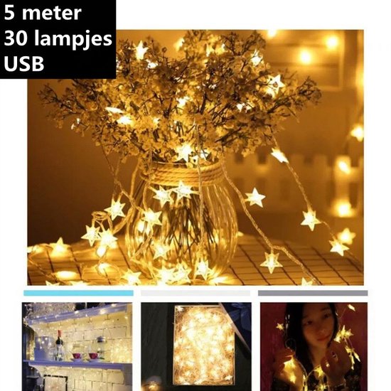 Xtraworks - Led lampjes slinger- decoratieve ster lichtsnoer-werkt op USB-warme kleur 5 meter 30 lampjes