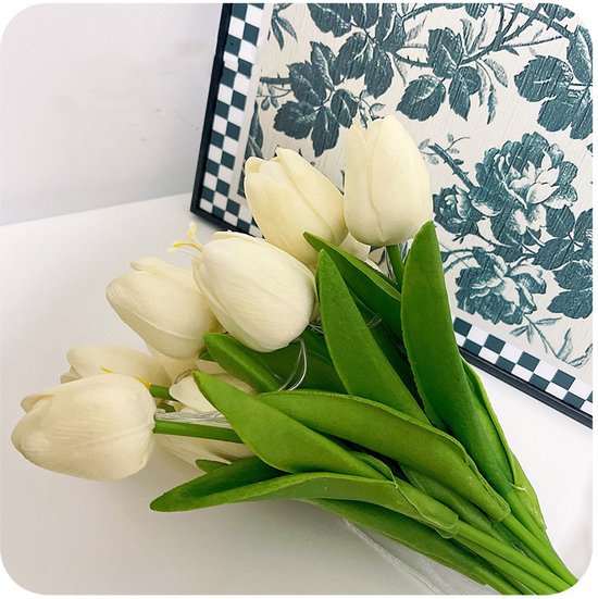 Bosje 10 witte LED Kunsttulpen op batterij - Moederdag