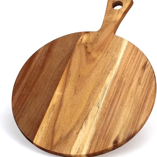 Stijlvolle Ronde Houten Pizzaplank met Handvat - Borrel- en Serveerplank - Perfect voor Hapjes - Duurzaam Hout - Multifunctioneel Gebruik-Ø30cm