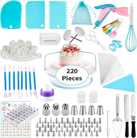 220delig- Luxe Cake & Taart Decoratie Set - 220-delig - Bakspullen - Taartversiering - Incl. Spuitzak Met Spuitmondjes Set – Taartplateau – Cupcake Vormpjes – Paletmes – Taartzaag – Cupcake Decoratie – Bakset