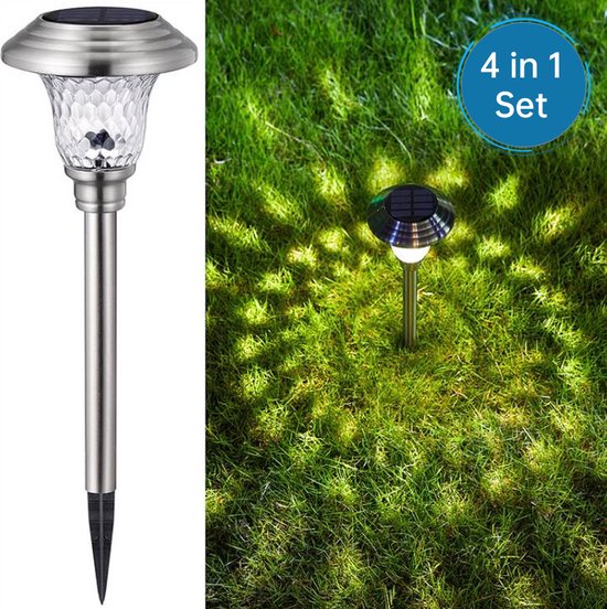 Xtraworks - 4 Stuks LED lamp op zonne Solar gazonlamp - RVS - Waterdichte Tuinverlichting Voor Buiten - Zilver- koel wit licht
