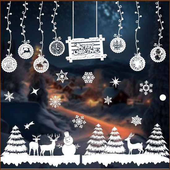 Kerst Raamstickers met sneeuwpop en kerstballen - Herbruikba