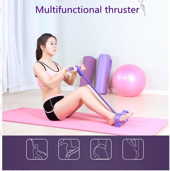 TDR - multifunctioneel weerstandstesiontouw, buiktrainer beentrainer Fitness trekkoord met voetpedaal-paars