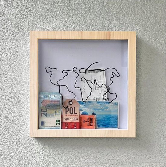 Spaarpot & Ticket Box – Houten Wereldkaart – 20×20×4,5 cm
