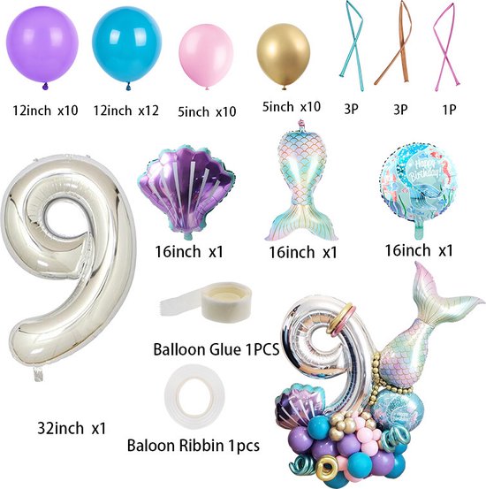 TDR-Digitale Zeemeermin Ballon Set 9 jaar -themafeest-Kinderfeestje-Decoratie set