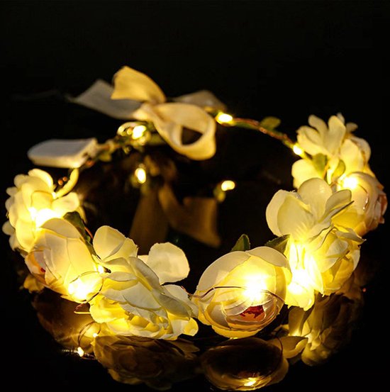 Elegante LED Bloemenkrans Hoofdband met 20 Warmwitte LED-Lampen-IP43- Perfect voor Feesten & Bruiloften-melkwit