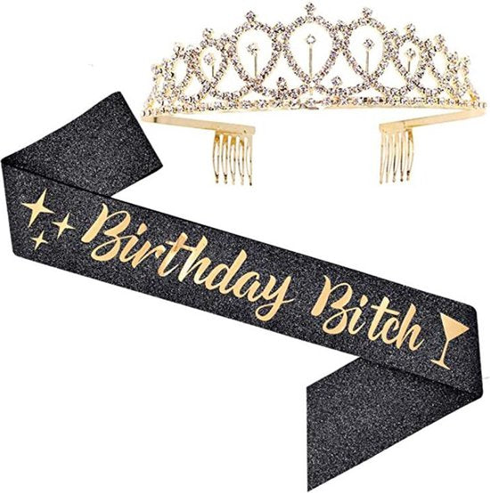 TDR - Verjaardag Sjerp en Tiara - Met text "Birthday Bitch" zwarte feestsjerp met golden tiara
