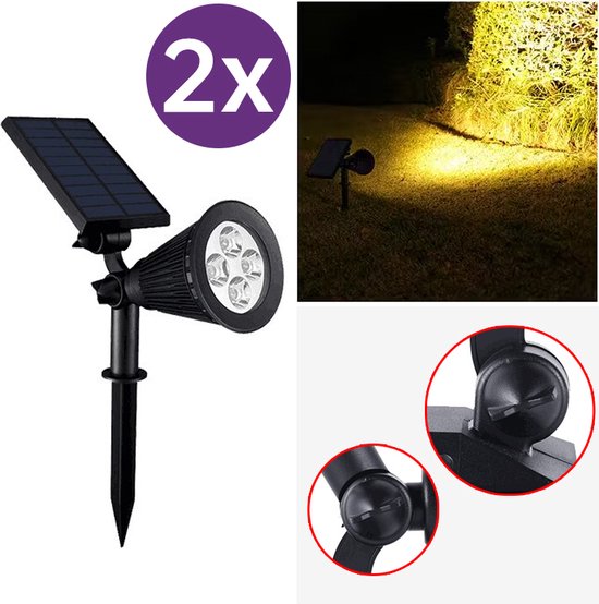 2x LED Solar Spot Light IP66 Wand/Grondmontage Warm Licht