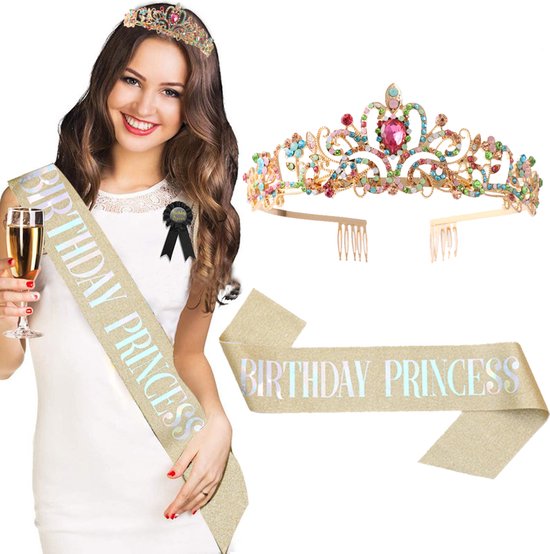 Verjaardag Prinses Sjerp en Tiara -Met text "Birthday Princess" -Een Betoverende Toevoeging aan Jouw Verjaardagsfeest-goud