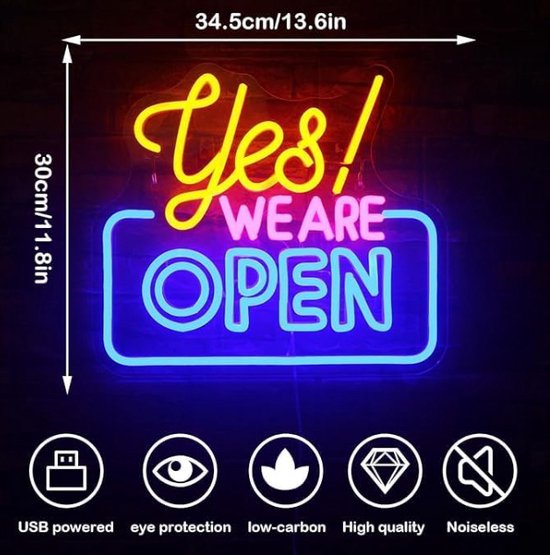 LED Neonbord “Yes! We Are Open” – USB – 34,5 x 30 cm