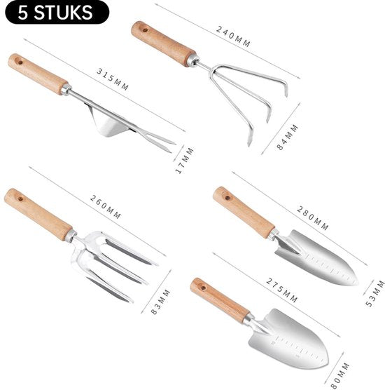 5-delige Tuingereedschap Set – RVS & Houten Handvatten – Schopje, Hark, Plantschep & Meer – Ideaal voor Elke Tuinier