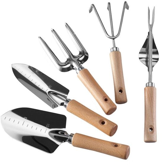 5-delige Tuingereedschap Set – RVS & Houten Handvatten – Schopje, Hark, Plantschep & Meer – Ideaal voor Elke Tuinier