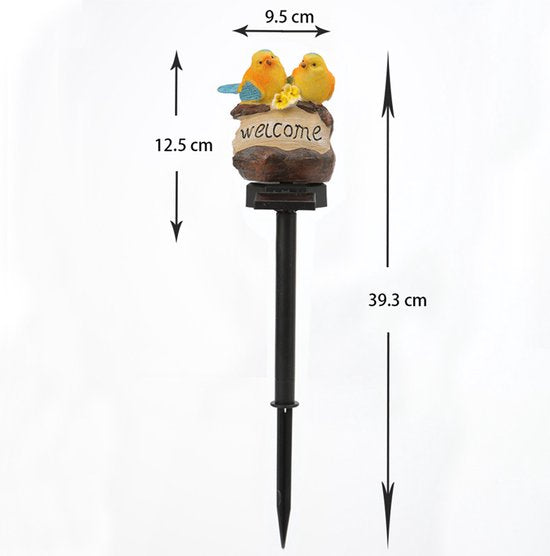 Solar Tuinlamp – Welkomstlamp met Vogels – Decoratieve Buitenverlichting – Geel – 39 cm – Op Zonne-energie