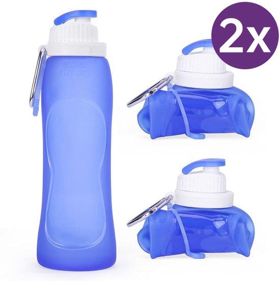 2 Stuks opvouwbare draagbare waterfles met karabijnhaak - duurzaam siliconen-hemelsblauw 500ml