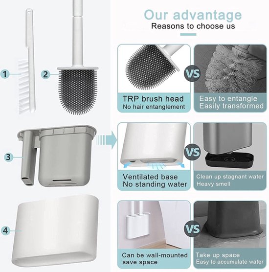 2x Antibacteriële Siliconen WC-borstel Set met Houder - Grij